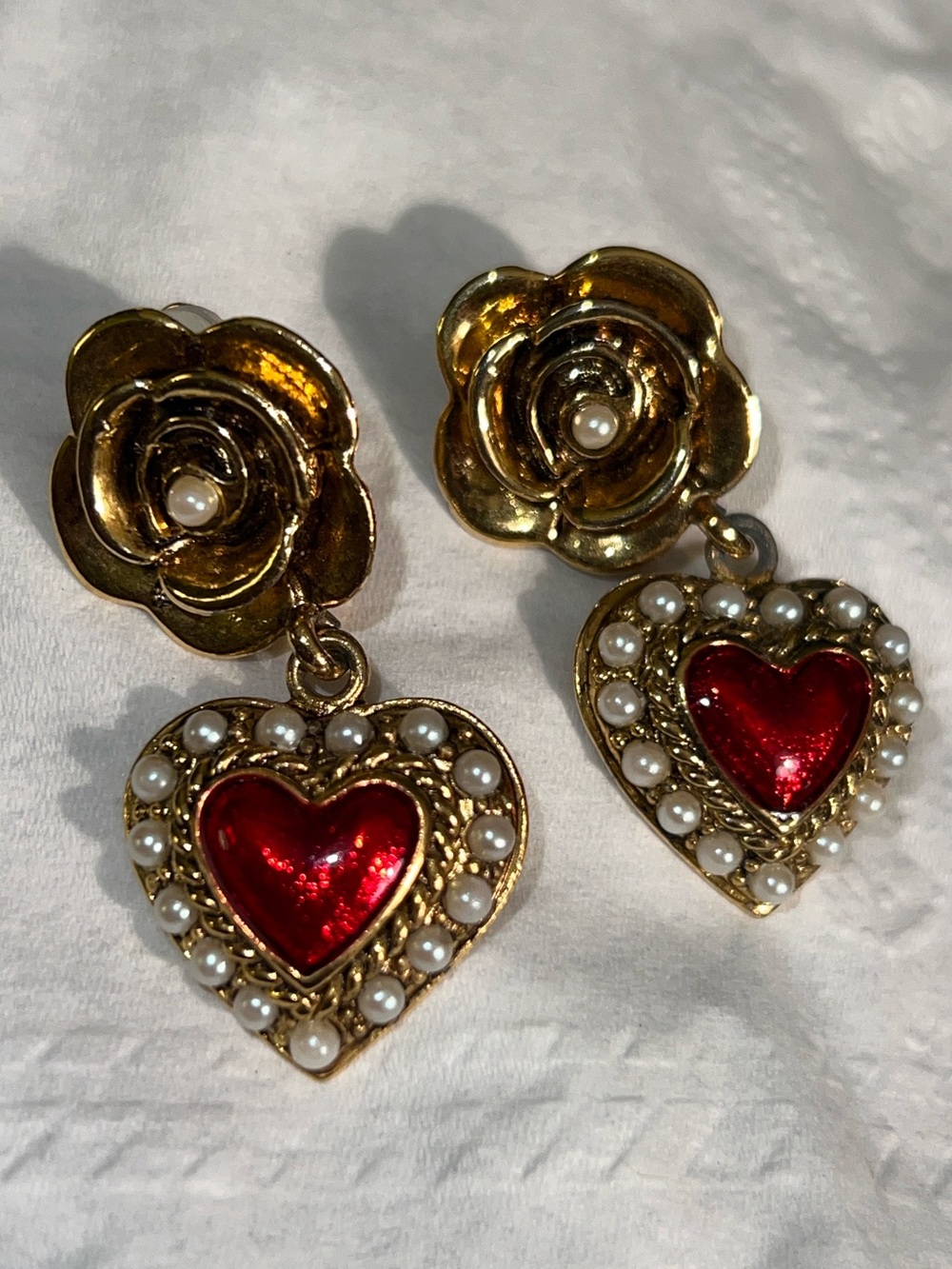 Gold Floral Drop Clip On Vintage 1960’s Earrings with Red Heart and Pearl Accent